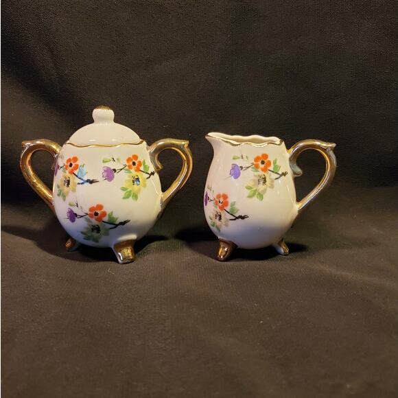 Vintage Enesco Sm Egg Shaped Footed Cream N Sugar Cherry Blossom - Picture 1 of 16